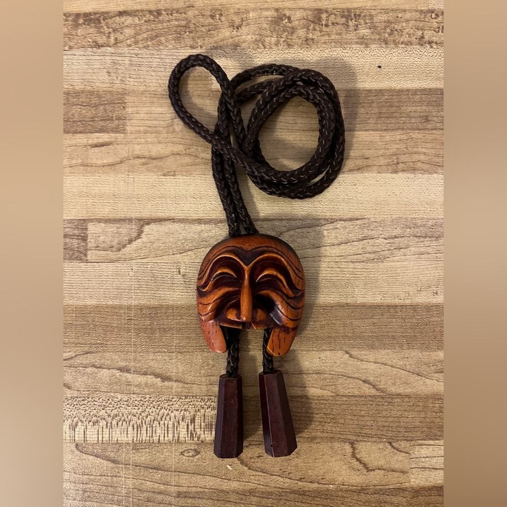 Vintage South Korean Hahoetal Theater Mask Tie Carved Resin Wood Face Necklace